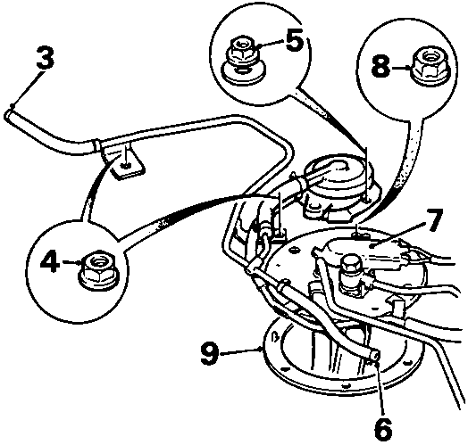 Diagram showing fuel pump housing, vent pipe, and associated hoses with callout numbers 3, 4, 5, 6, 7, 8, and 9.