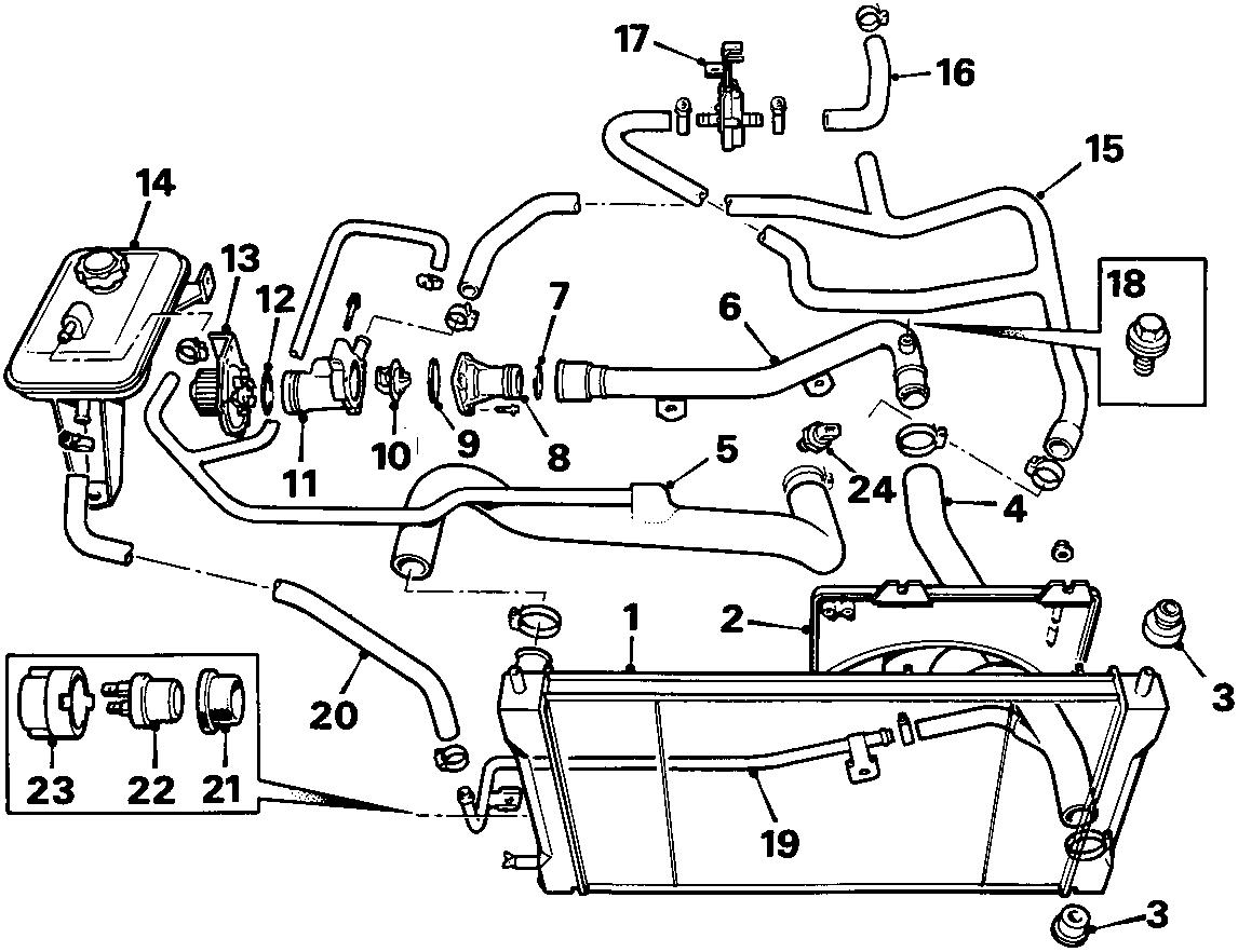 Exploded view diagram of the cooling system components for the 1.4 K16 engine, with parts numbered 1 through 24.