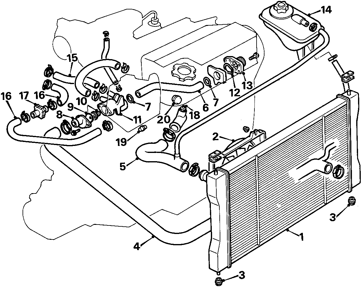 Exploded view diagram of the cooling system components including radiator, hoses, thermostat, and expansion tank with numbered callouts 1 through 20.