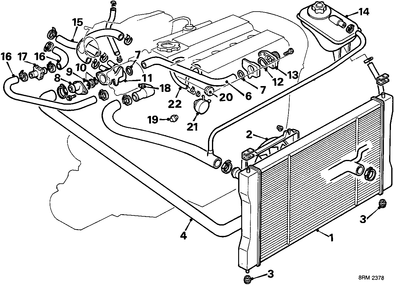 Exploded view diagram of the cooling system components including radiator, hoses, thermostat, pump, and expansion tank with numbered callouts 1 through 22.