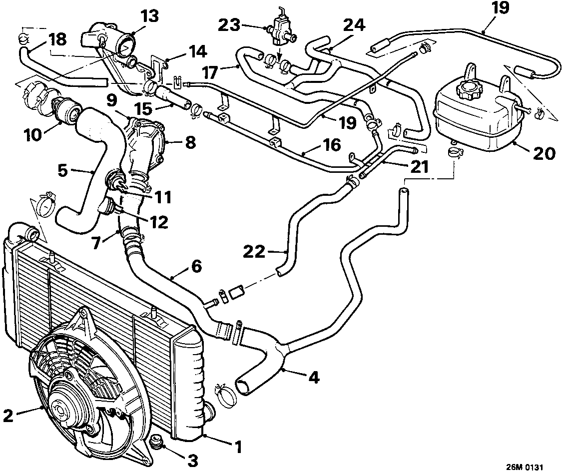 Diagram of the cooling system components for a 2.0 Naturally Aspirated engine with air conditioning, showing radiator, hoses, pump, and expansion tank with numbered callouts 1 through 24.