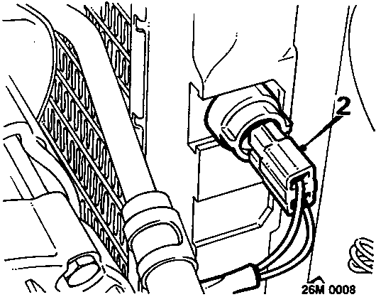 Diagram showing the thermostatic switch connector (2) located near the radiator top hose.