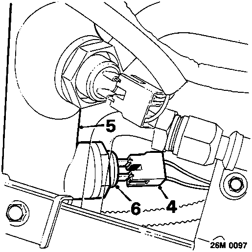 Diagram showing the air conditioning models components: top hose (5), thermostatic switch (4), and connector (6).