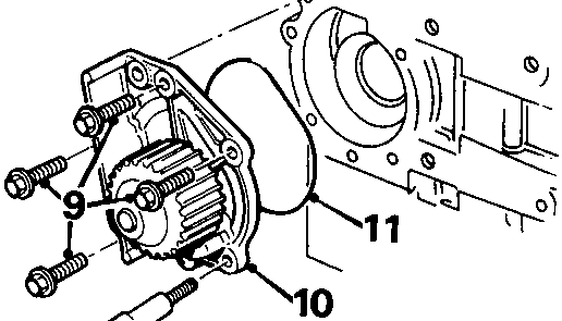 Diagram showing coolant pump assembly with rear cover, dowels, bolts labeled 9, a pillar bolt labeled 8, and an 'O' ring labeled 11.