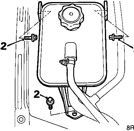 Diagram showing coolant expansion tank mounted to wing valance with three bolts labeled 2 and a drain plug labeled 2 at the bottom.