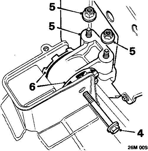 Diagram showing R.H. engine mounting bracket with two nuts labeled 5, a bolt labeled 4, and rubber washers labeled 6 being removed.