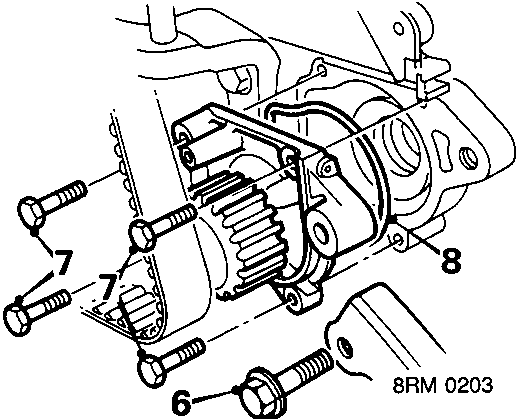Diagram showing coolant pump assembly with callout numbers 6, 7, and 8, and reference code 8RM 0203
