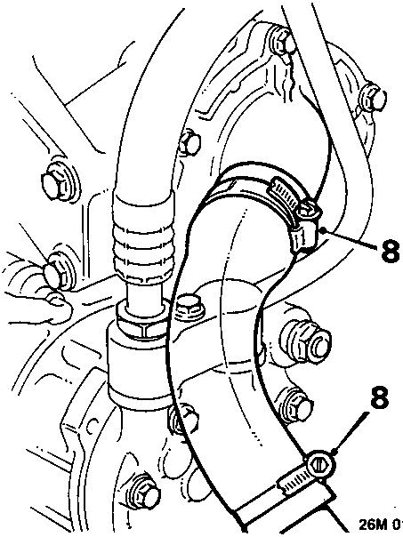 Diagram showing coolant hose connection on pump housing with callout number 8, and reference code 26M 0100