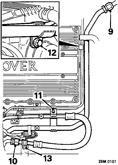 Diagram showing compressor pipe connections and mounting bolts numbered 9, 10, 11, 12, 13
