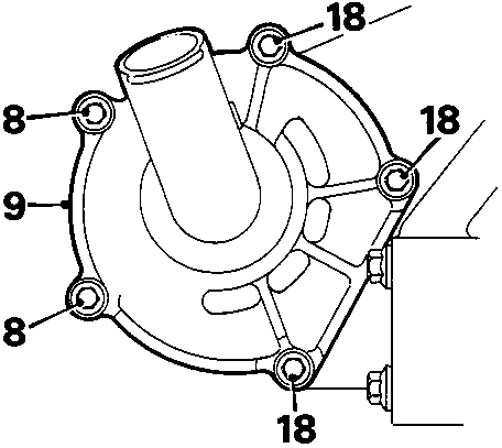 Diagram showing coolant pump cover secured by 5 bolts (18)