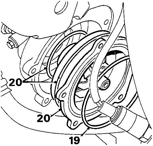Diagram showing coolant pump (19) being removed from housing with O-ring (20)