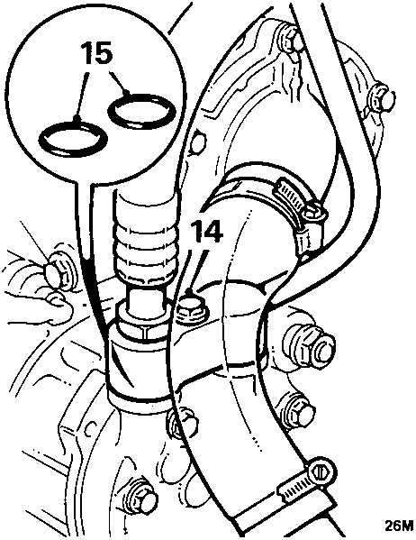 Diagram showing manifold connection to compressor with bolts 14 and O-rings 15