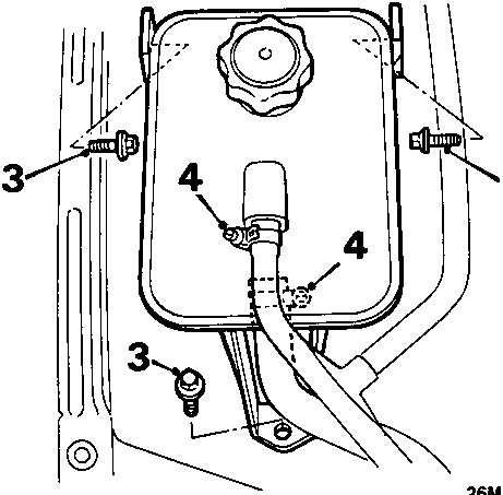Diagram of expansion tank showing securing screws labeled 3 and hose connections labeled 4