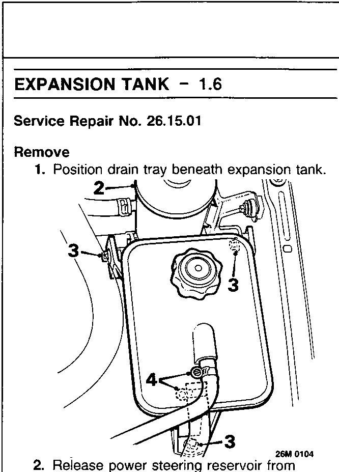Diagram of the expansion tank for the 1.6 engine showing numbered callouts 2, 3, and 4 indicating mounting points and hose connections