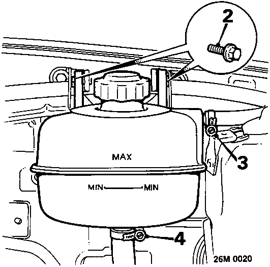 Diagram of the expansion tank for the 2.0 engine showing a cap with callout 2, side mounting point 3, bottom connection 4, and MAX/MIN level markings on the tank body