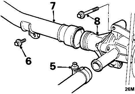 Diagram of alloy inlet manifold showing coolant rail and bolts numbered 5, 6, 7, 8