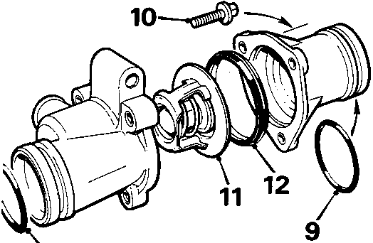 Exploded diagram of thermostat housing showing cover, thermostat, O-rings and bolts numbered 9, 10, 11, 12