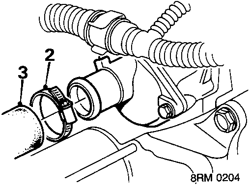 Diagram showing bottom hose and support clips connected to thermostat cover with callout numbers 2 and 3