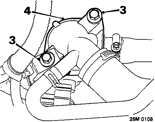 Diagram showing bolts securing thermostat housing cover with callout numbers 3 and 4