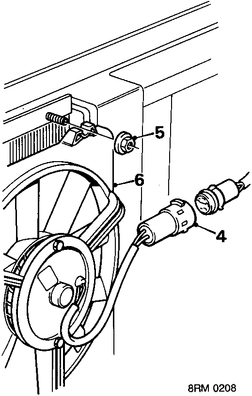Diagram showing cooling fan assembly, multiplug connector, and mounting nuts on radiator