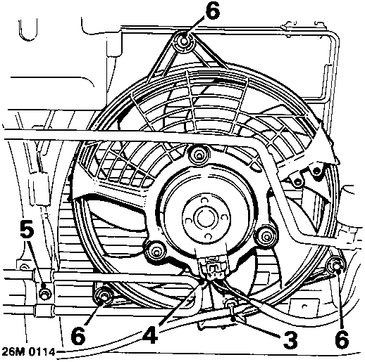 Diagram showing the cooling fan assembly with callout numbers 3, 4, 5, 6, and 6 pointing to various components including the fan cowl, motor harness, bolts, and condenser frame.