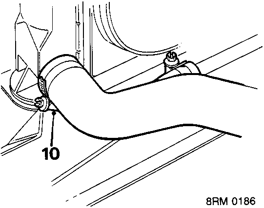 Diagram showing a hose connection with a clip labeled 10 being slackened to disconnect the hose from the radiator.