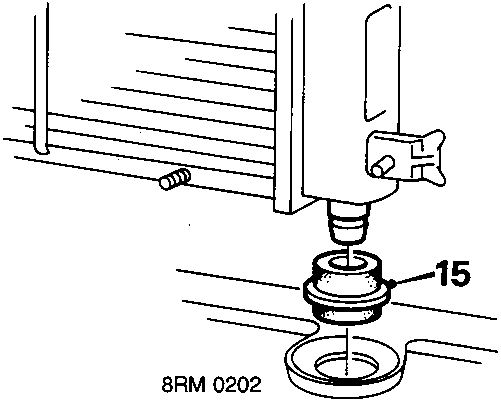 Diagram showing the lower fixings of the radiator with component 15 being removed