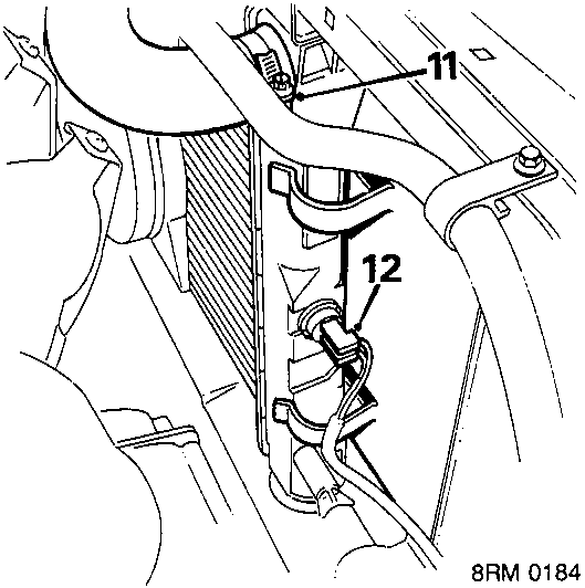 Diagram showing the top hose clip (11) and Lucars connector (12) on the radiator assembly