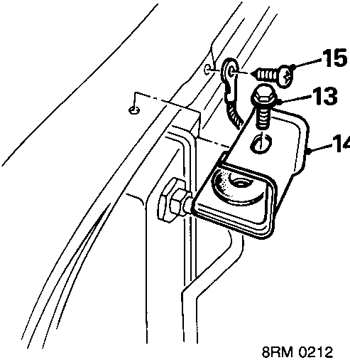 Diagram showing removal of bolts for radiator support bracket, support brackets, and engine earth lead screw (8RM 0212)