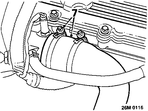 Diagram showing slackening of clip on top hose at outlet elbow, with callout number 7