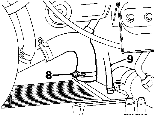 Diagram showing bottom hose clip (8) and turbo inlet hose bracket (9) on the radiator assembly.