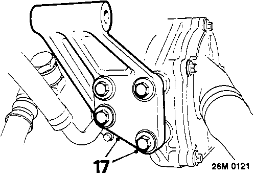 Diagram showing bolts (17) securing the alternator mounting bracket to the coolant pump housing.