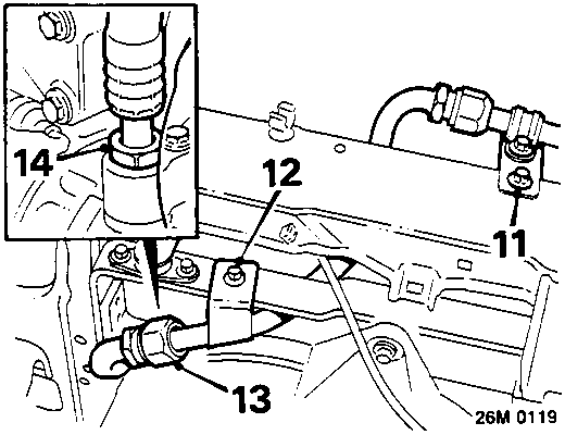 Diagram showing pipe brackets (11, 12), compressor pipe union (13), and condenser connections (14).