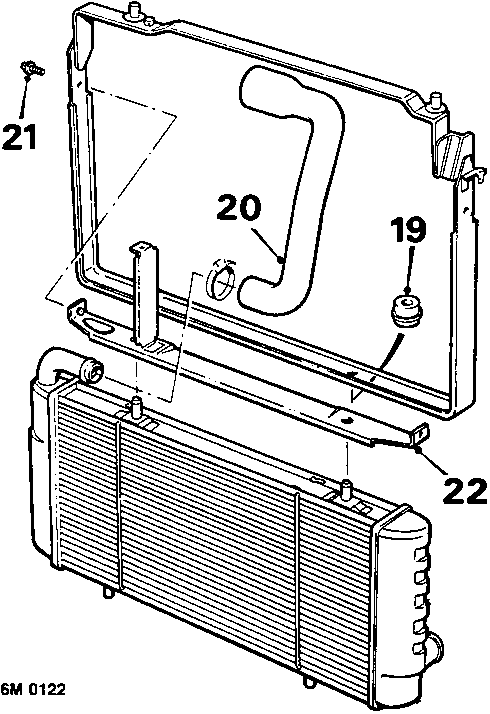 Diagram of radiator assembly showing components 19, 20, 21, 22 and mounting hardware.