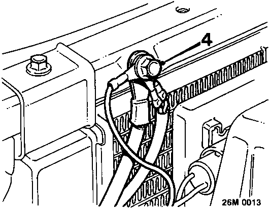 Diagram showing a bolt (4) securing earth leads to the bonnet locking platform near the radiator.