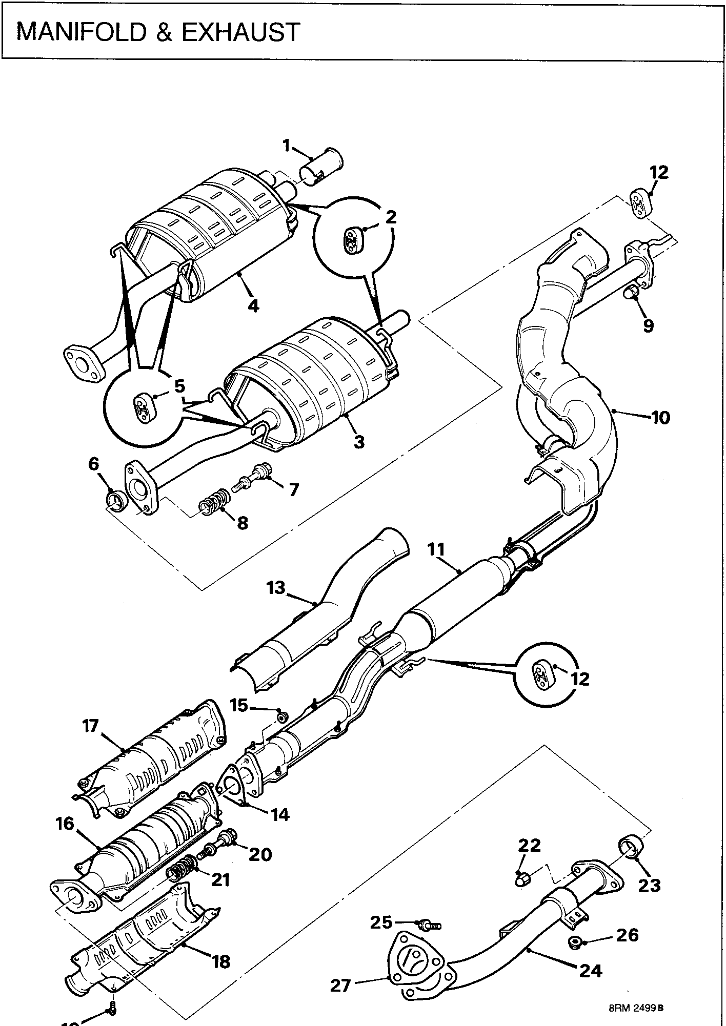 Exploded view diagram of the manifold and exhaust system components, numbered 1 through 27.