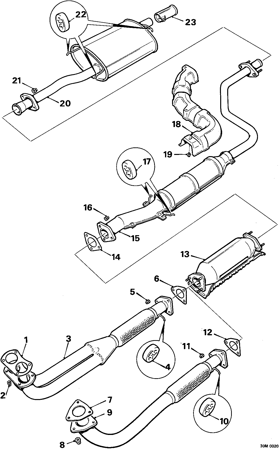 Exploded view diagram of the manifold and exhaust system components, numbered 1 through 23.