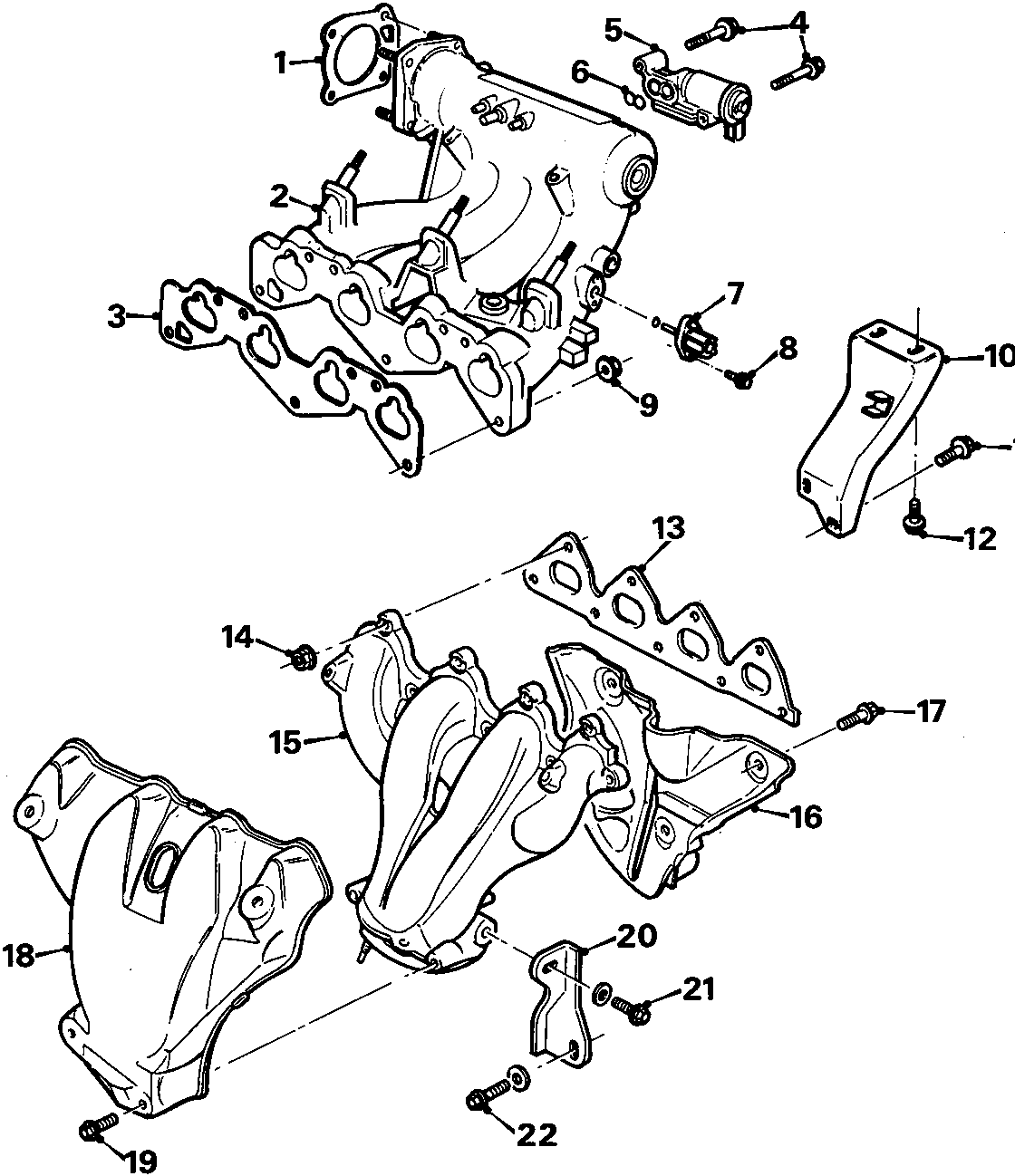 Exploded view diagram of inlet and exhaust manifold assembly showing 22 numbered components including gaskets, manifolds, sensors, brackets, bolts, nuts, heat shields, and the electronic air control valve.