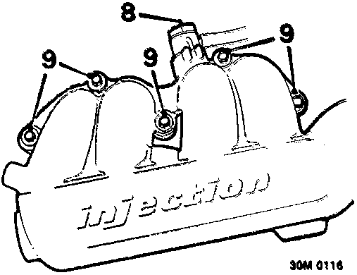 Diagram of the alloy inlet manifold chamber showing five securing bolts (callout 9) and a banjo bolt (callout 8) for the brake servo hose union.