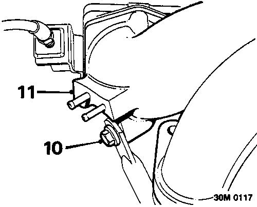 Diagram showing the support stay bolt (callout 10) securing the manifold chamber and the brake servo hose union (callout 11).