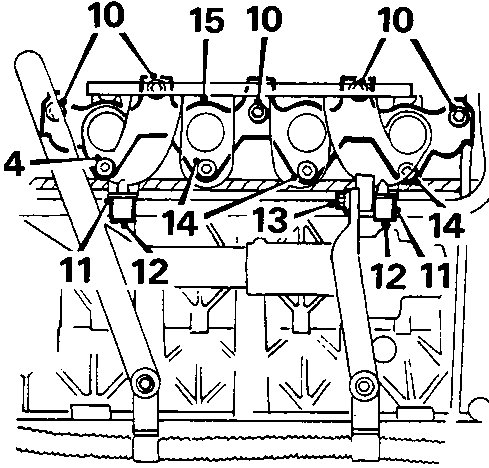 Diagram showing top and bottom portions of inlet manifold flange secured with nuts and bolts labeled 10, 11, 12, 13, 14, 15