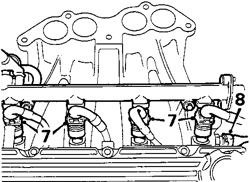 Diagram showing injector multiplugs and intake air temperature sensor connector labeled 7 and 8 on cylinder head