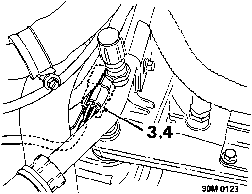 Diagram showing oxygen sensor multiplug and bracket connection points labeled 3,4