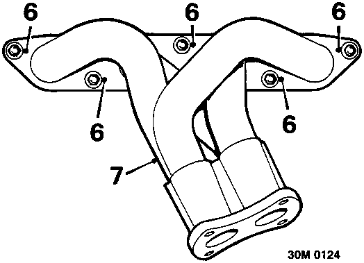 Diagram of exhaust manifold with five nuts labeled 6 securing it to the cylinder head and a component labeled 7