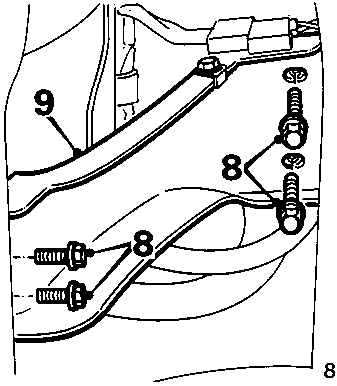 Diagram showing alternator belt and adjusting link bolts numbered 9 and 8