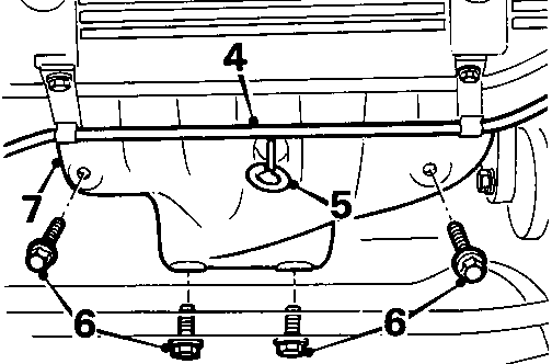 Diagram of exhaust manifold heat shield and bolts numbered 4, 5, 6, 7