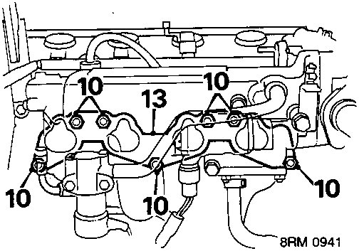 Diagram of engine inlet manifold area with nuts and studs numbered 10 and 13