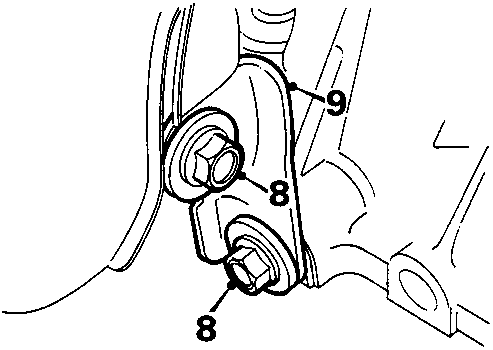 Diagram of manifold support bracket bolts numbered 8 and 9