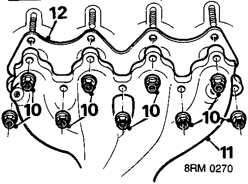 Diagram of exhaust manifold showing numbered nuts and studs