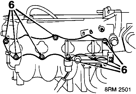 Engine valve cover removal diagram with bolt locations marked